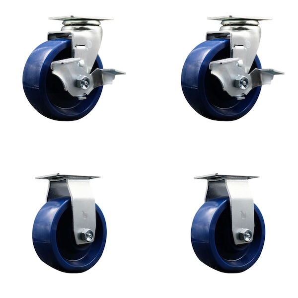 5 Inch Solid Polyurethane Caster Set with Ball Bearings 2 Brakes 2 Rigid